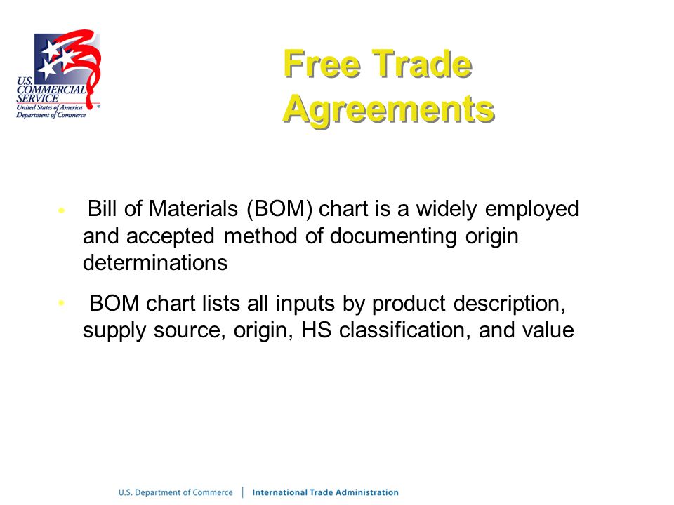 Free Trade Agreements Bill of Materials (BOM) chart is a widely employed and accepted method of documenting origin determinations.