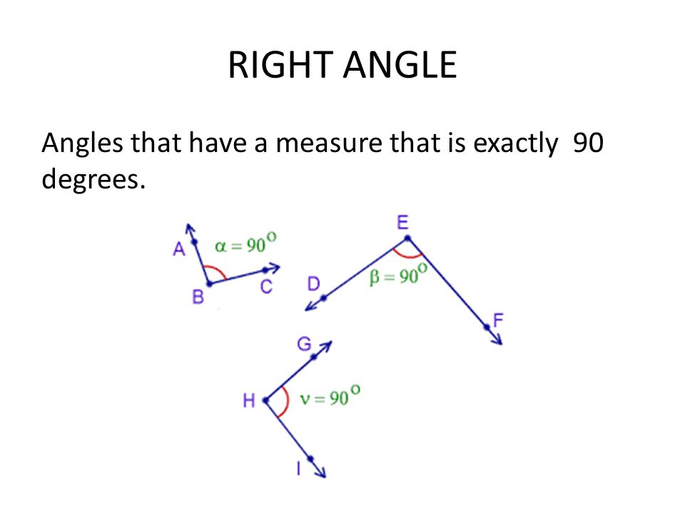 RIGHT ANGLE Angles that have a measure that is exactly 90 degrees.