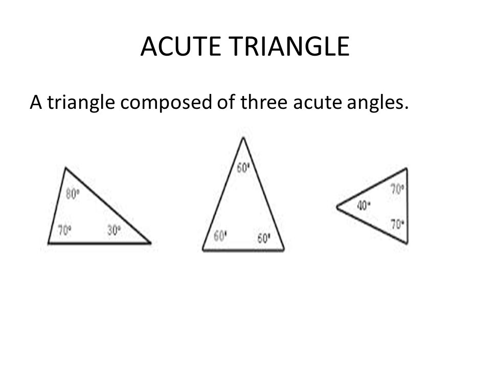 ACUTE TRIANGLE A triangle composed of three acute angles.