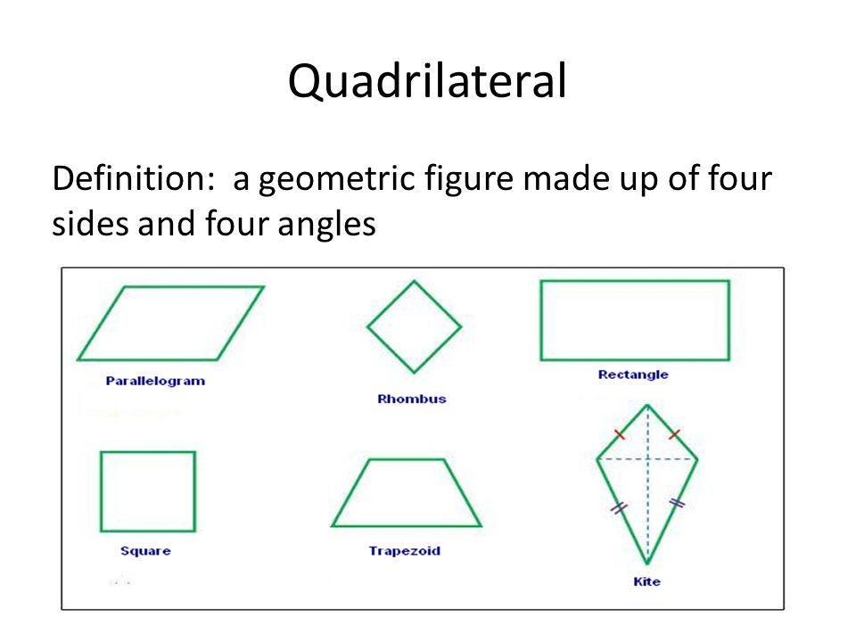 Quadrilateral Definition: a geometric figure made up of four sides and four angles
