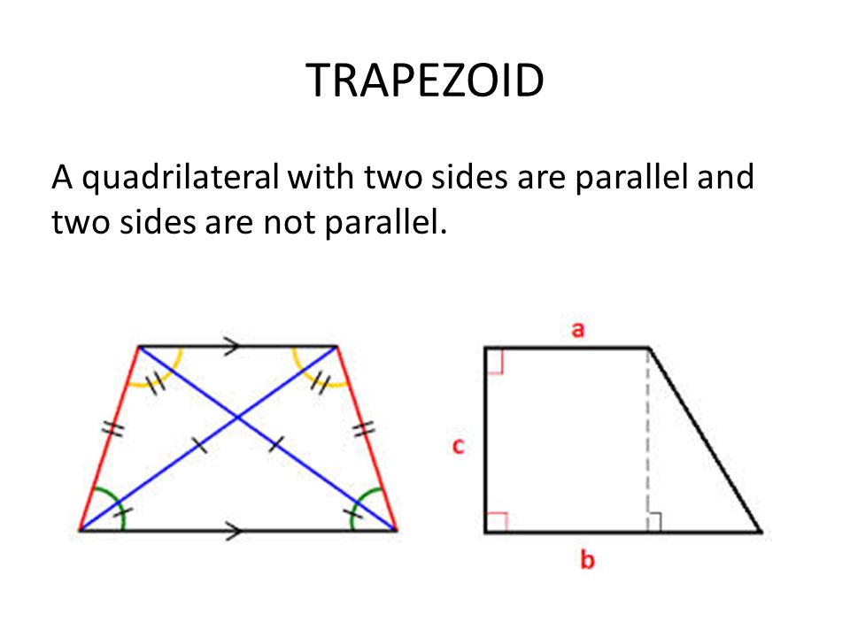 TRAPEZOID A quadrilateral with two sides are parallel and two sides are not parallel.