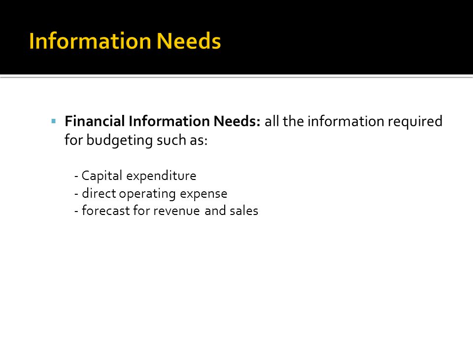 Information Needs Financial Information Needs: all the information required for budgeting such as: - Capital expenditure.