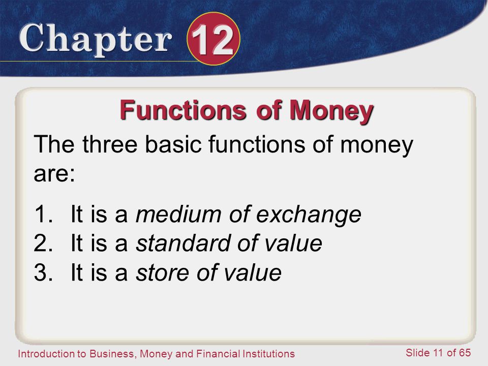 Functions of Money The three basic functions of money are: