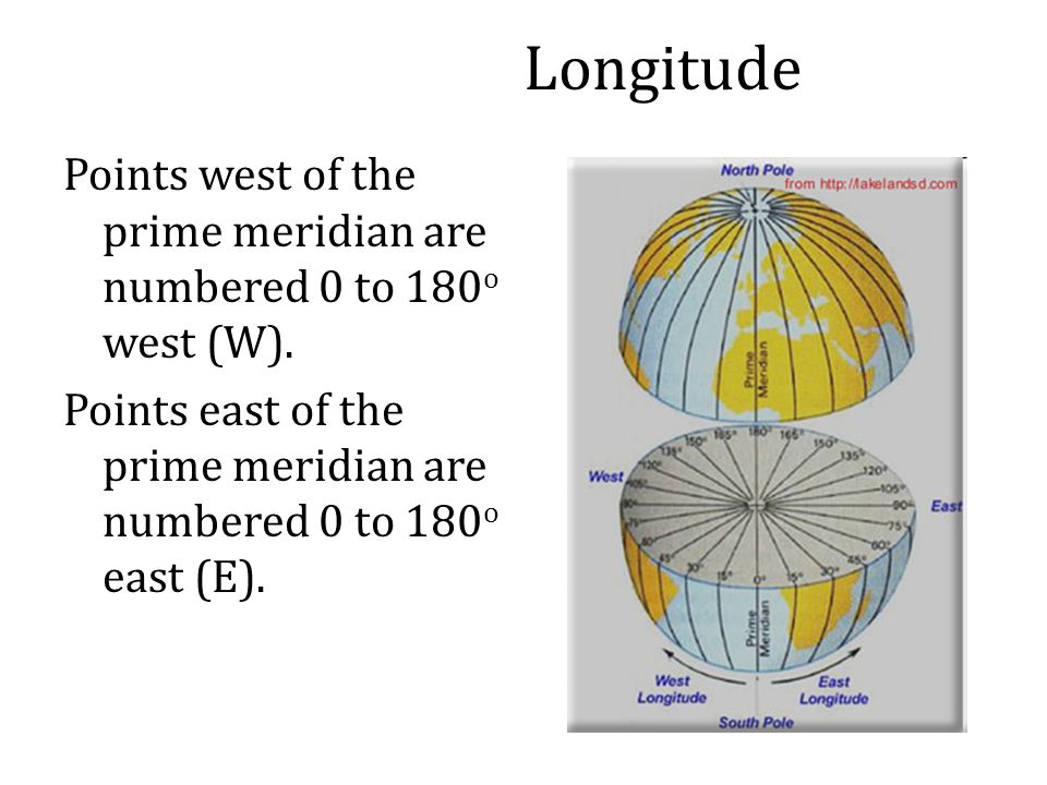 Longitude Points west of the prime meridian are numbered 0 to 180o west (W).