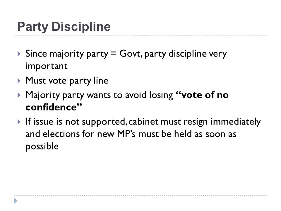 Party Discipline Since majority party = Govt, party discipline very important. Must vote party line.