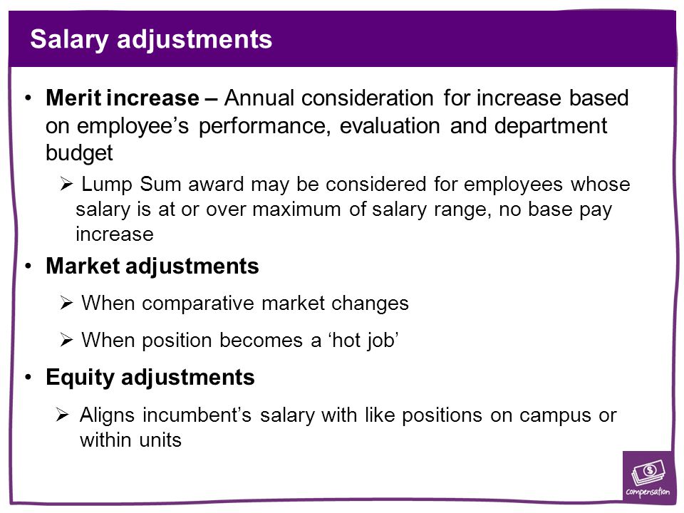 Salary adjustments Merit increase – Annual consideration for increase based on employee’s performance, evaluation and department budget.