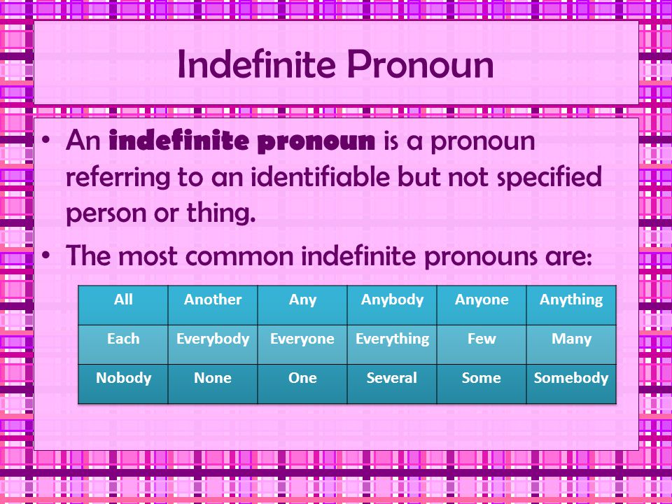 Indefinite Pronoun An indefinite pronoun is a pronoun referring to an identifiable but not specified person or thing.