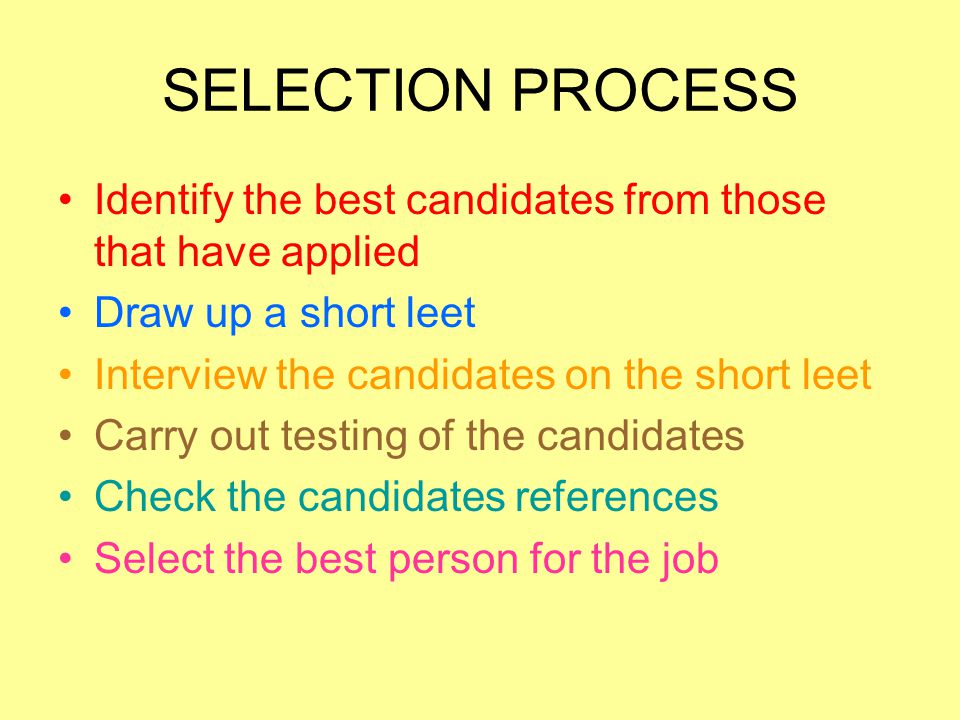 SELECTION PROCESS Identify the best candidates from those that have applied. Draw up a short leet.