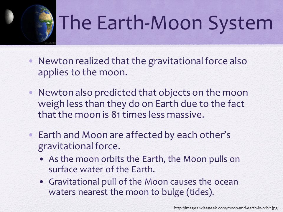 The Earth-Moon System Newton realized that the gravitational force also applies to the moon.