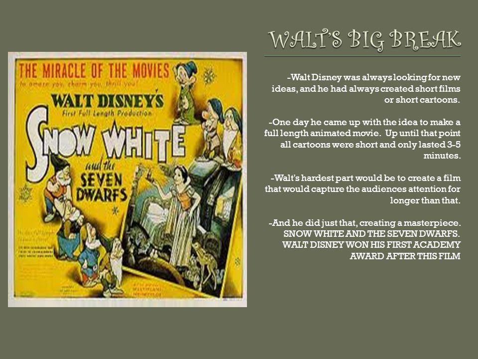 WALT’S BIG BREAK -Walt Disney was always looking for new ideas, and he had always created short films or short cartoons.