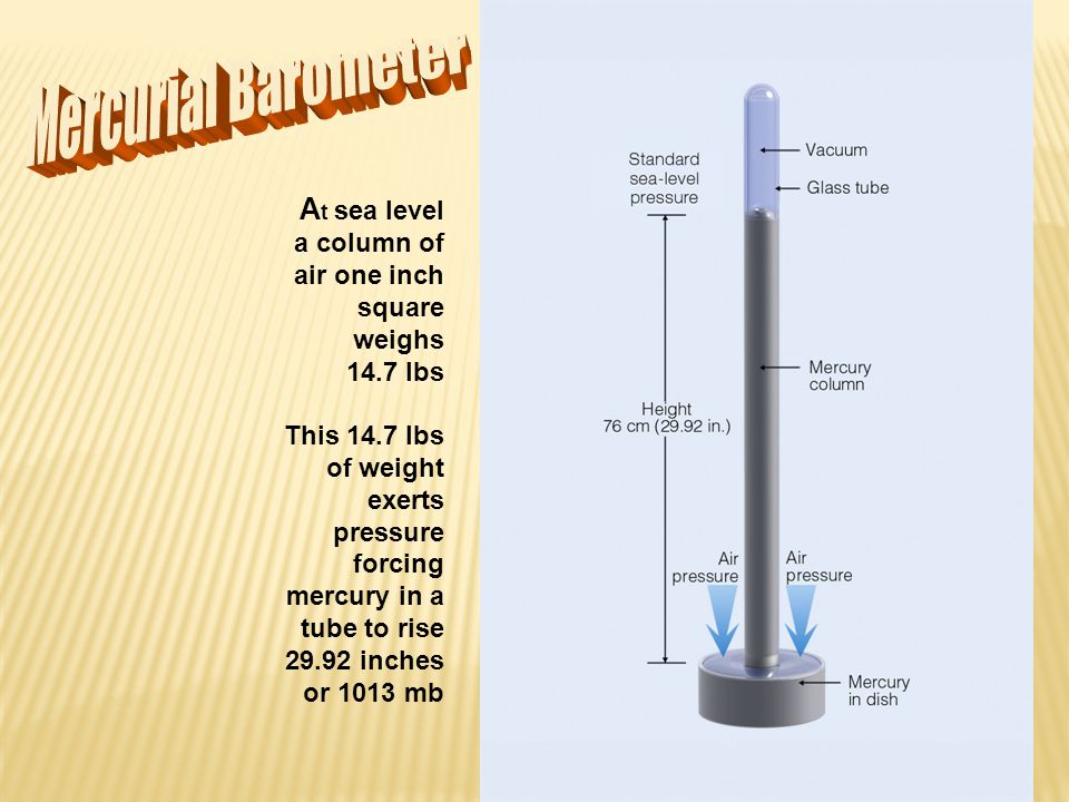 Mercurial Barometer At sea level a column of air one inch square weighs lbs.