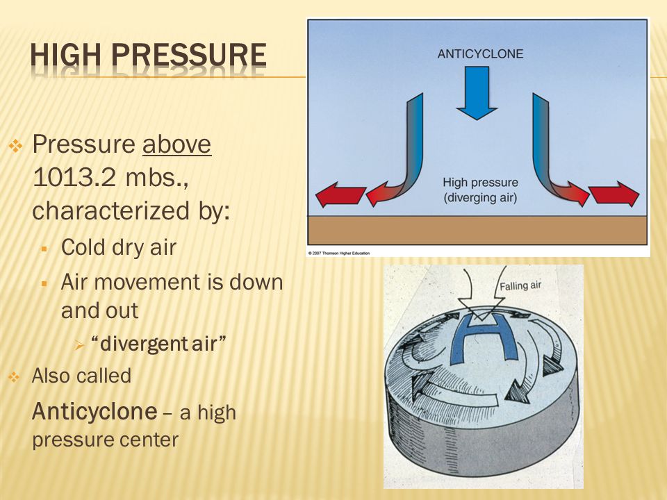 High Pressure Pressure above mbs., characterized by: