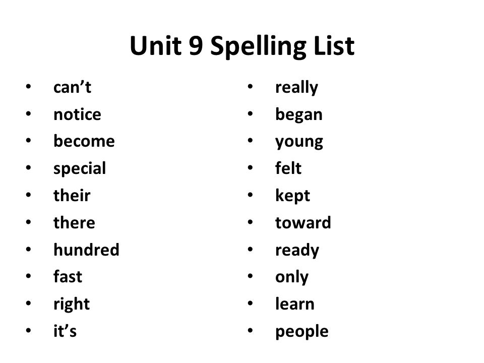 Unit 9 Spelling List can’t notice become special their there hundred