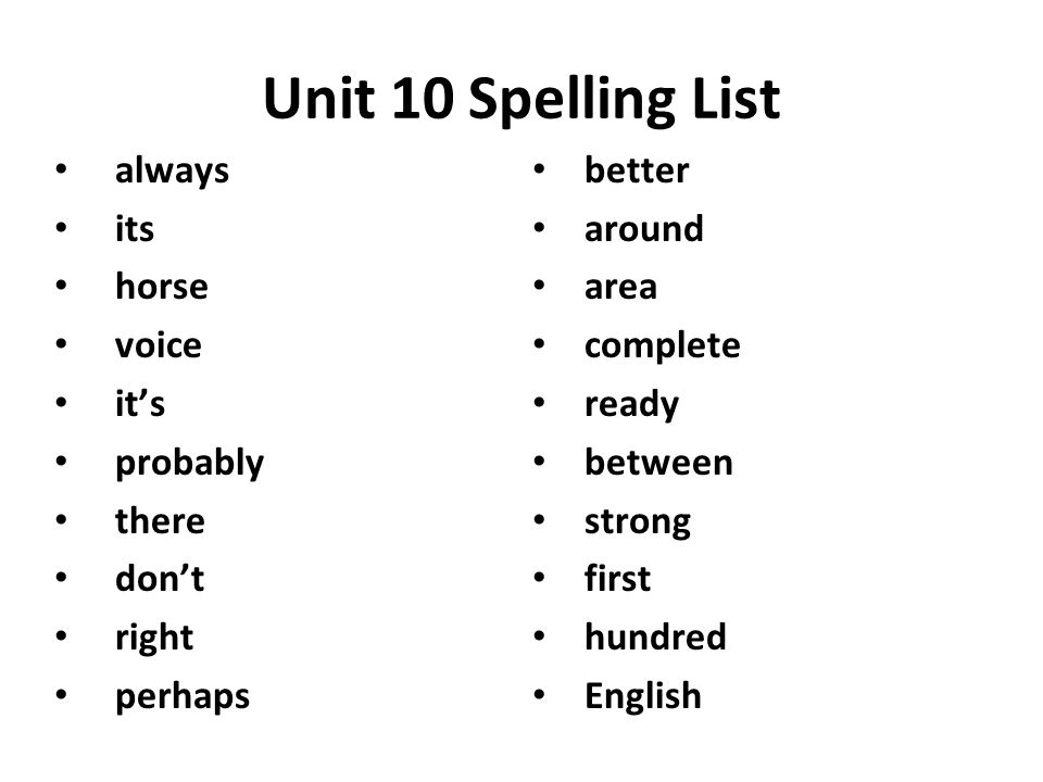 Unit 10 Spelling List always its horse voice it’s probably there don’t