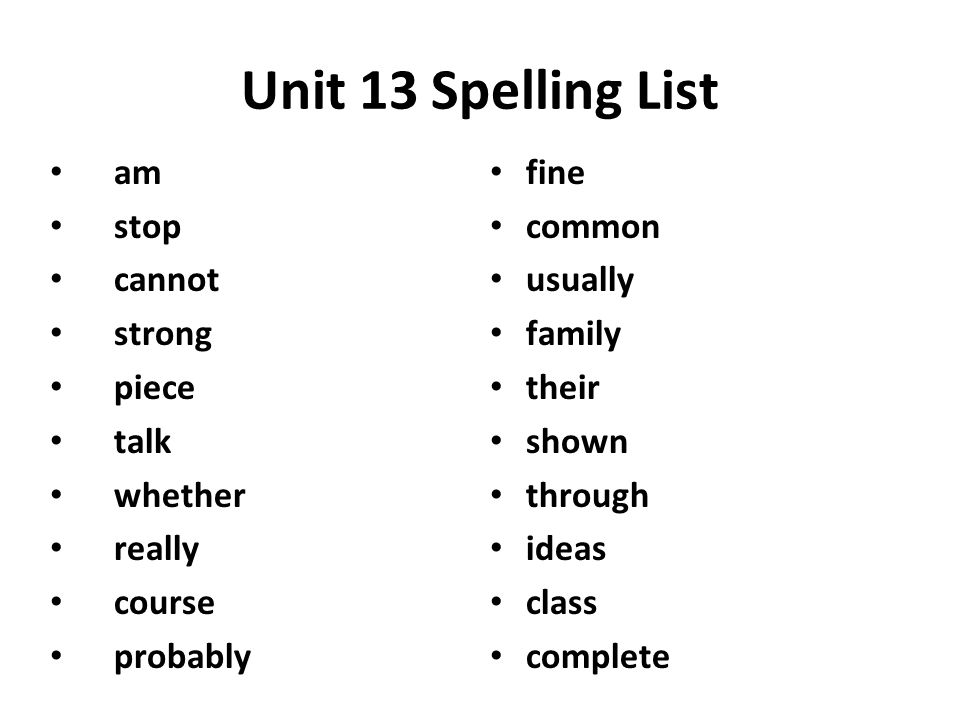 Unit 13 Spelling List am stop cannot strong piece talk whether really