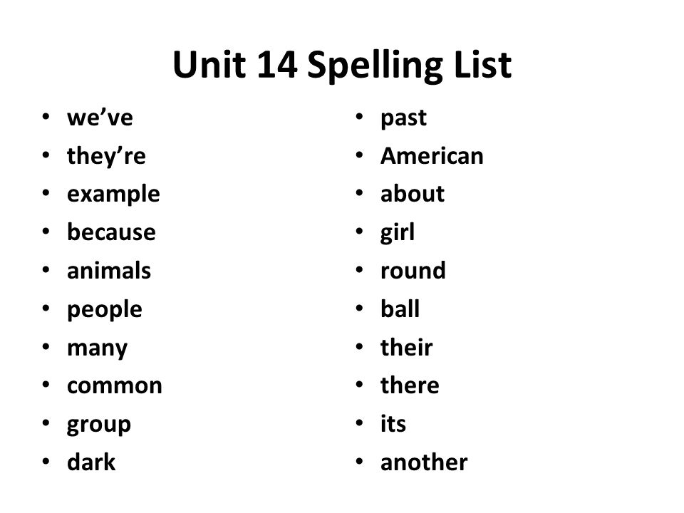 Unit 14 Spelling List we’ve they’re example because animals people