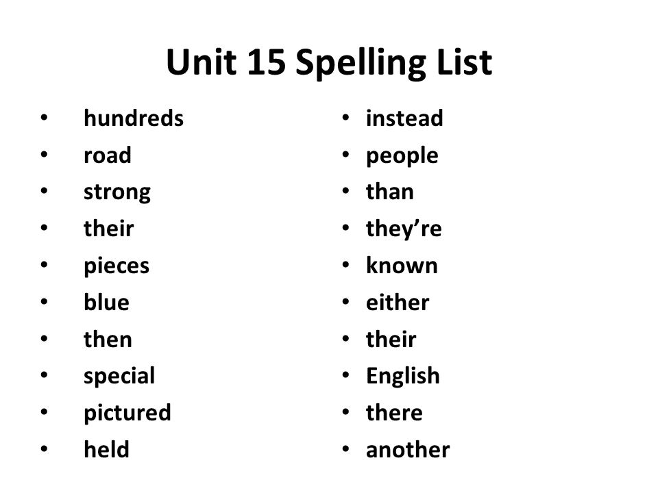 Unit 15 Spelling List hundreds road strong their pieces blue then