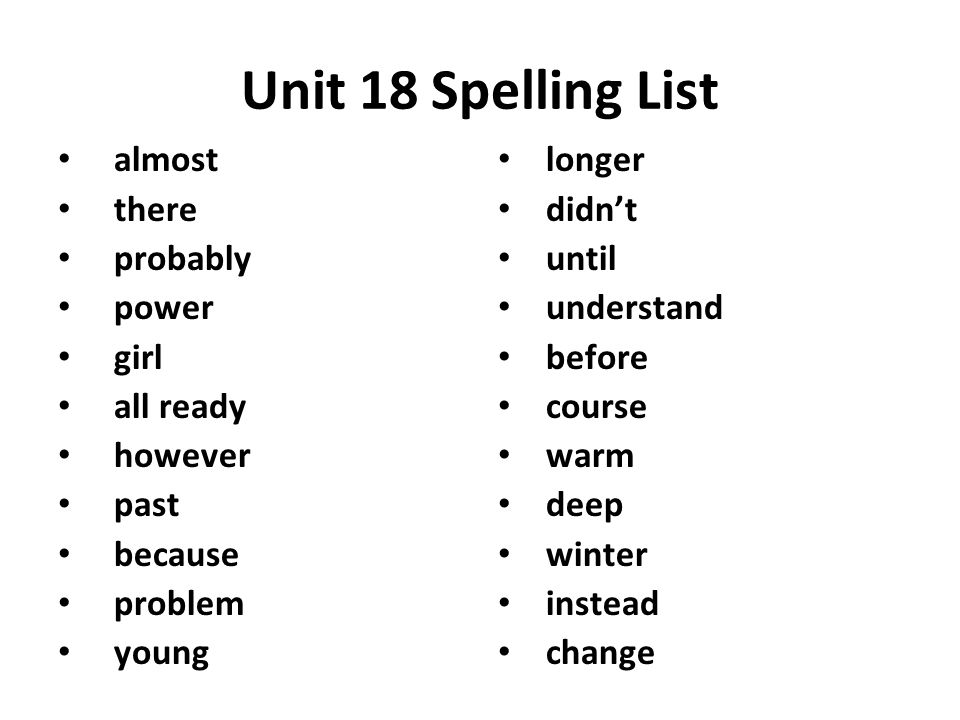 Unit 18 Spelling List almost there probably power girl all ready