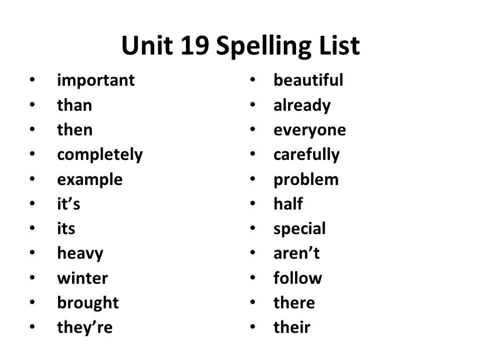 Unit 19 Spelling List important than then completely example it’s its