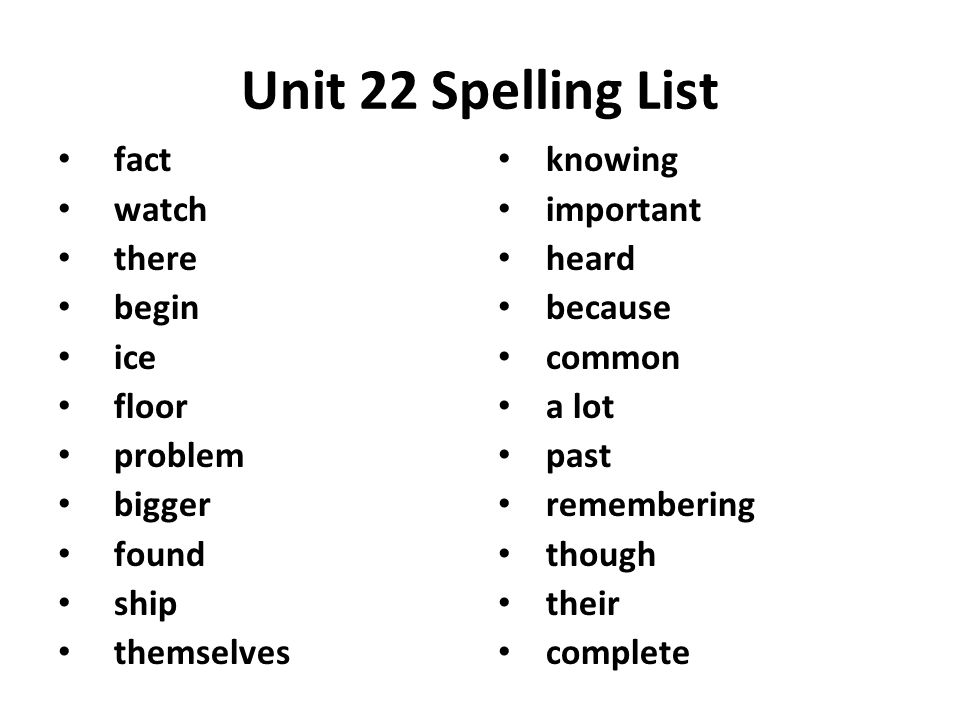 Unit 22 Spelling List fact watch there begin ice floor problem bigger
