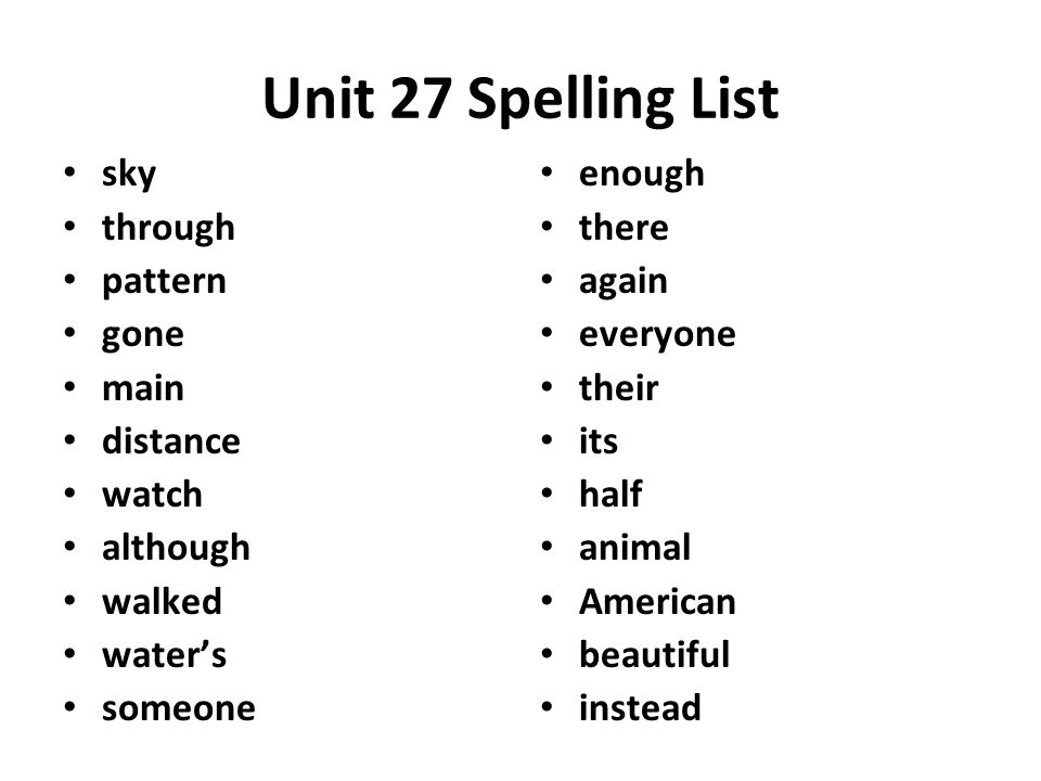 Unit 27 Spelling List sky through pattern gone main distance watch