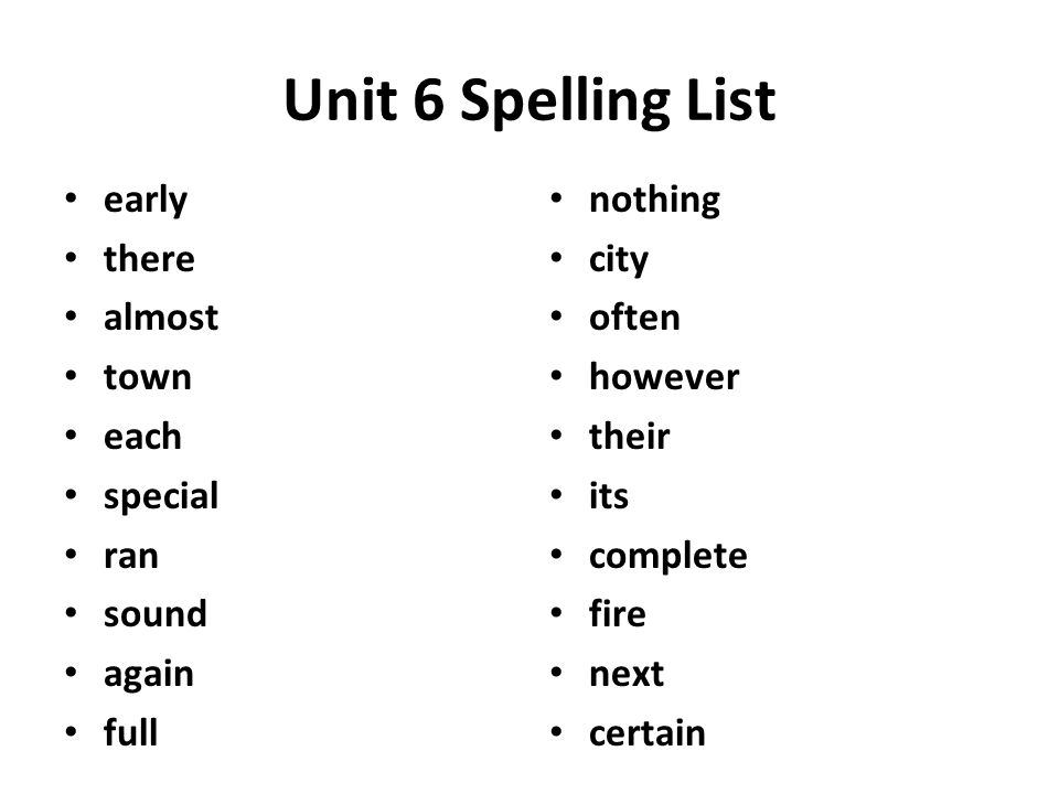 Unit 6 Spelling List early there almost town each special ran sound