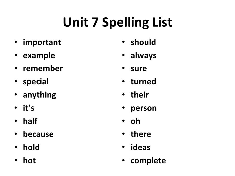 Unit 7 Spelling List important example remember special anything it’s
