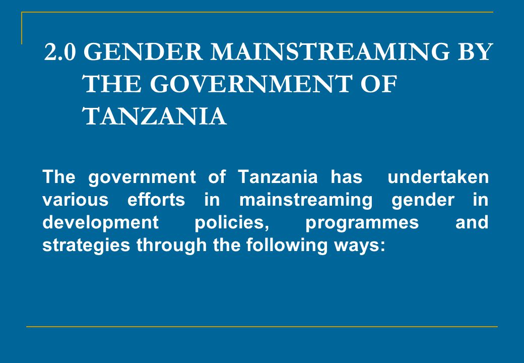 2.0 GENDER MAINSTREAMING BY THE GOVERNMENT OF TANZANIA