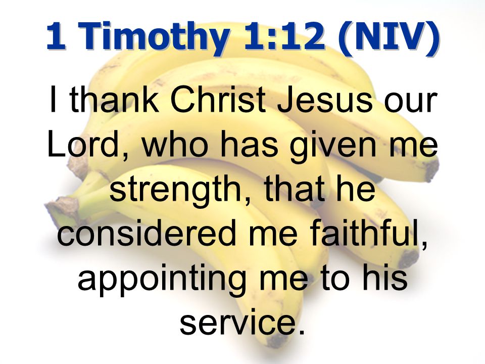 1 Timothy 1:12 (NIV) I thank Christ Jesus our Lord, who has given me strength, that he considered me faithful, appointing me to his service.