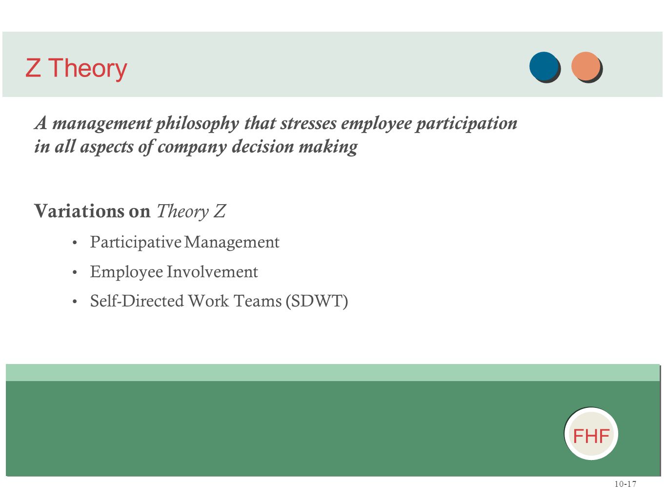 Z Theory A management philosophy that stresses employee participation in all aspects of company decision making.