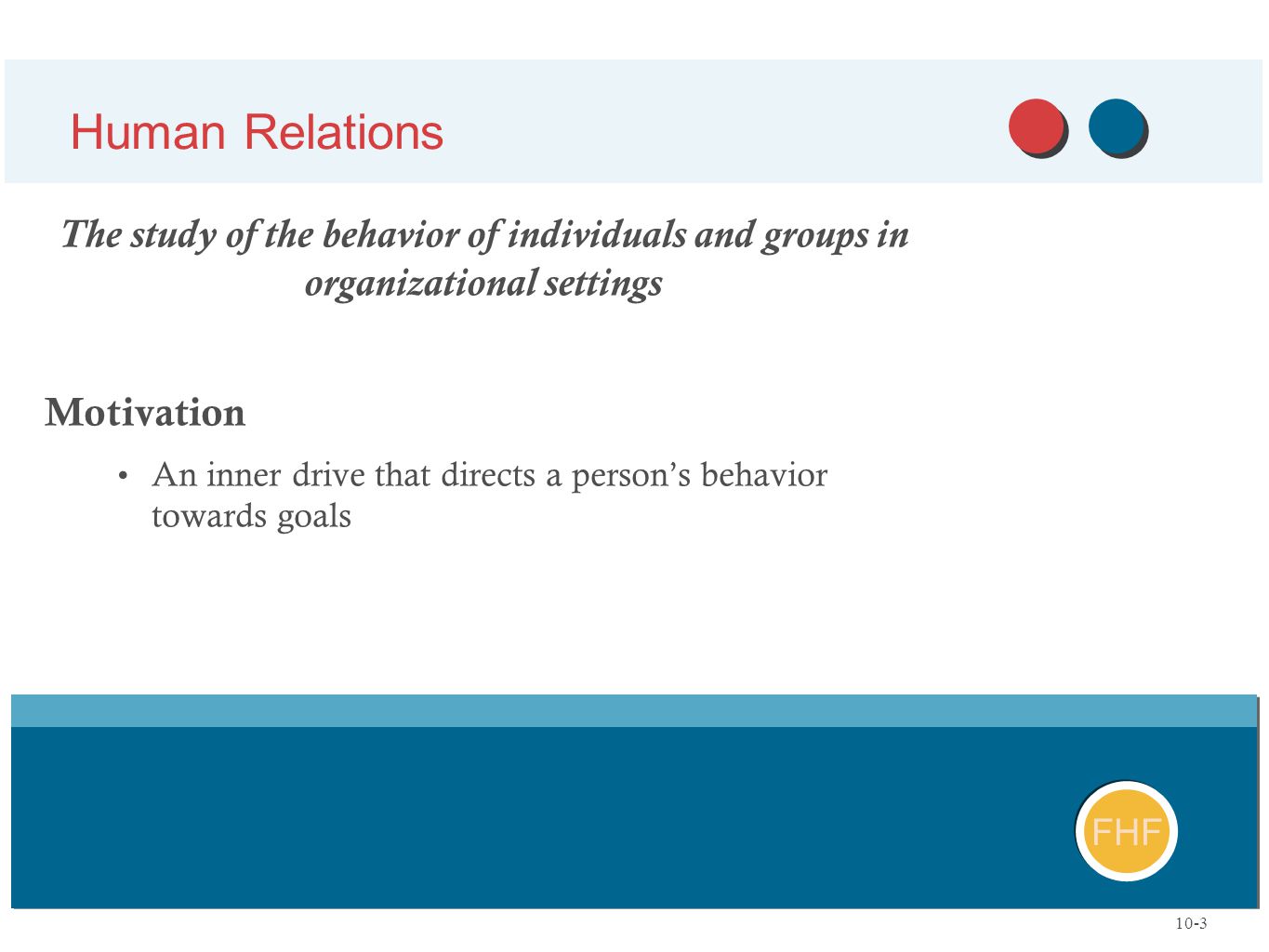 Human Relations The study of the behavior of individuals and groups in organizational settings. Motivation.