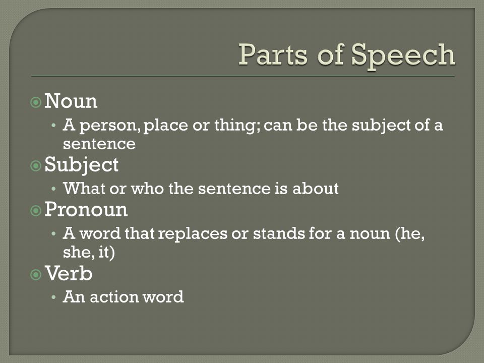 Parts of Speech Noun Subject Pronoun Verb