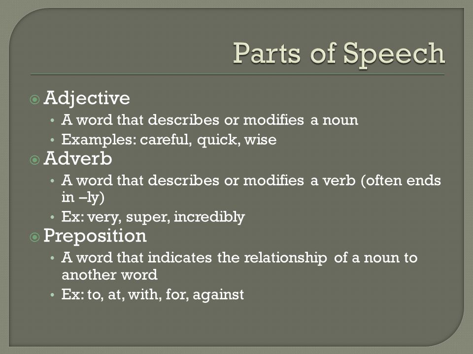 Parts of Speech Adjective Adverb Preposition