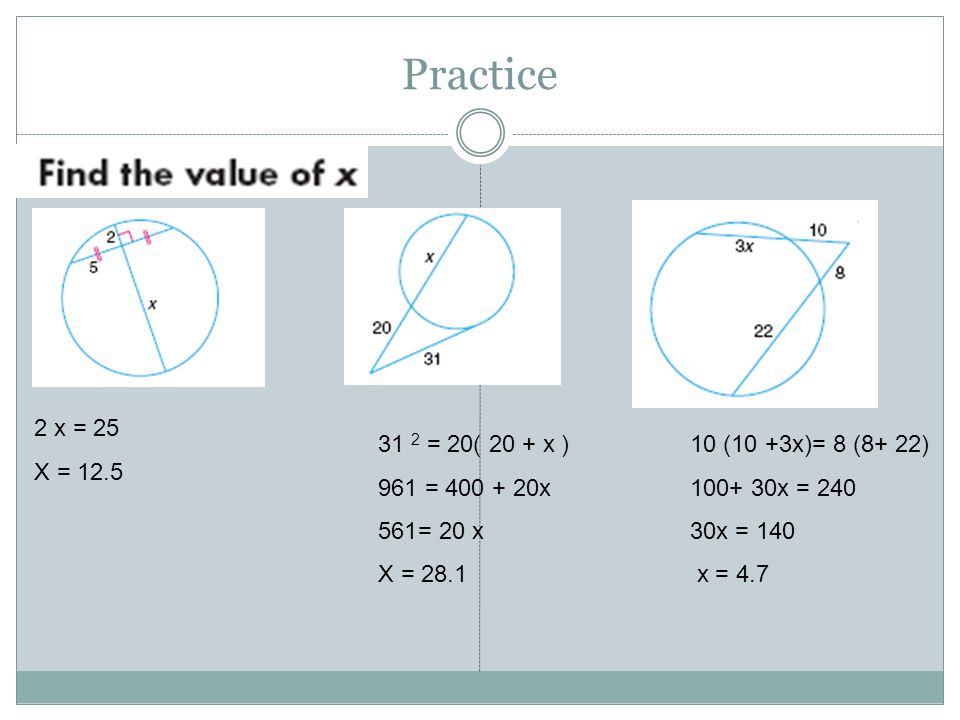 Practice 2 x = 25 X = = 20( 20 + x ) 961 = x = 20 x