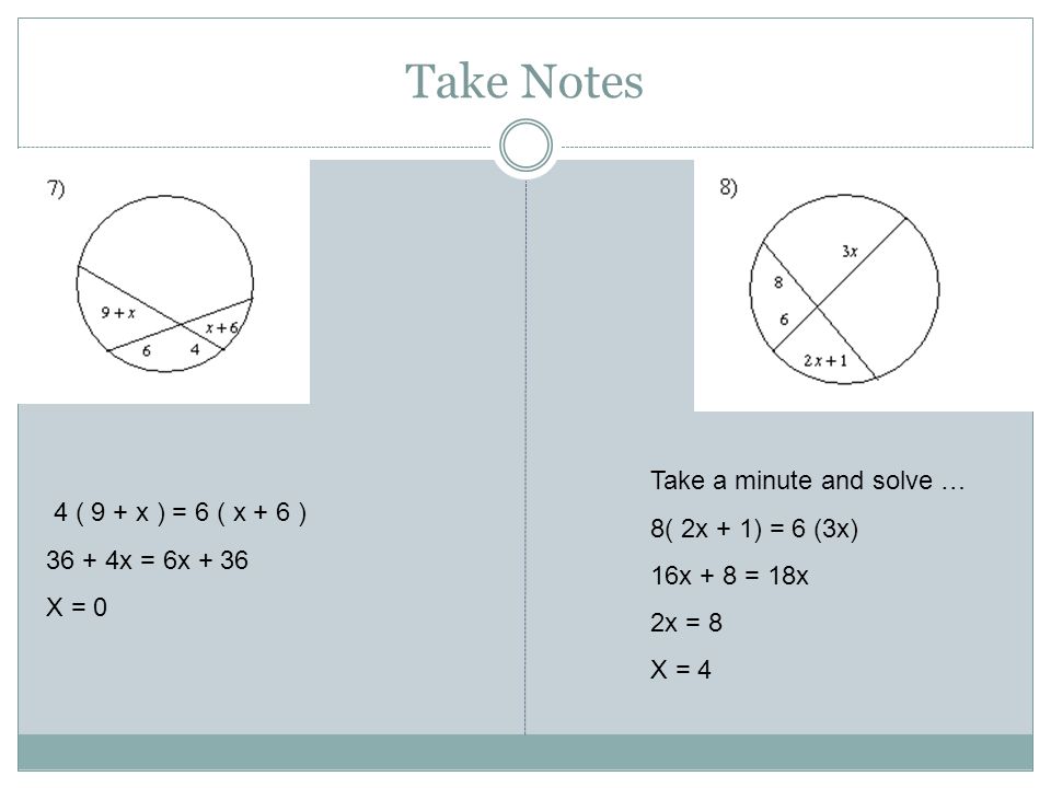 Take Notes Take a minute and solve … 8( 2x + 1) = 6 (3x)