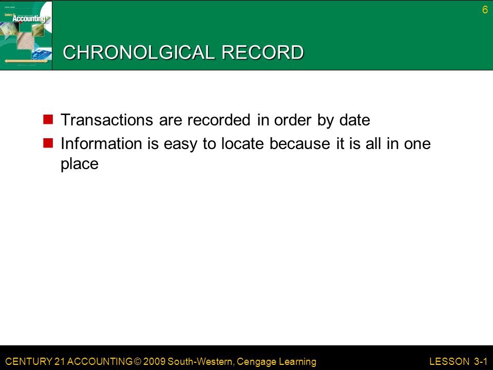 CHRONOLGICAL RECORD Transactions are recorded in order by date