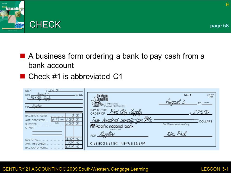 CHECK A business form ordering a bank to pay cash from a bank account