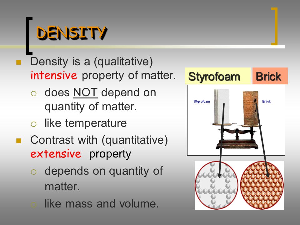 DENSITY Density is a (qualitative) intensive property of matter.