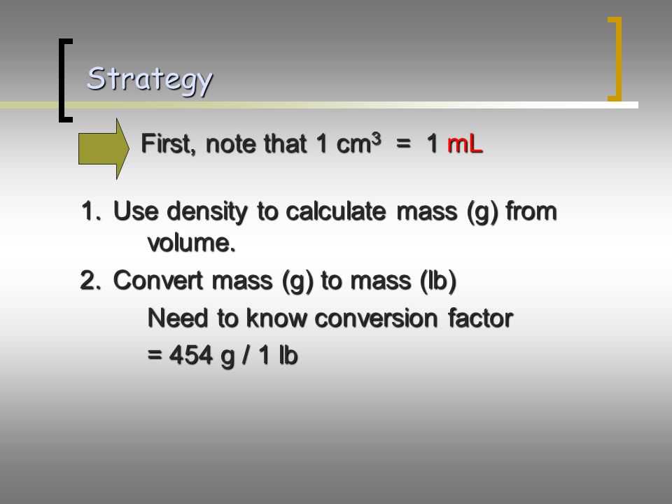 Strategy First, note that 1 cm3 = 1 mL