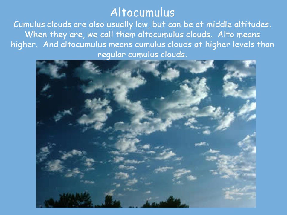 Altocumulus Cumulus clouds are also usually low, but can be at middle altitudes.