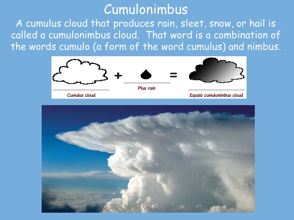 Cumulonimbus A cumulus cloud that produces rain, sleet, snow, or hail is called a cumulonimbus cloud.