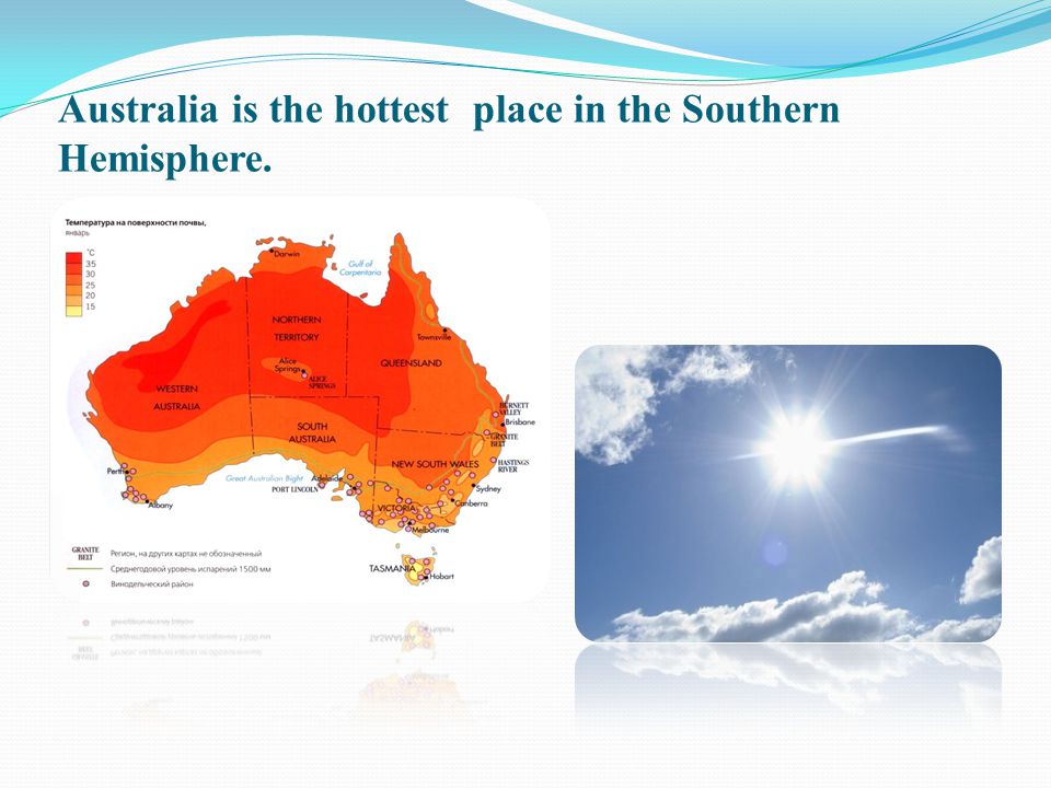 Australia is the hottest place in the Southern Hemisphere.
