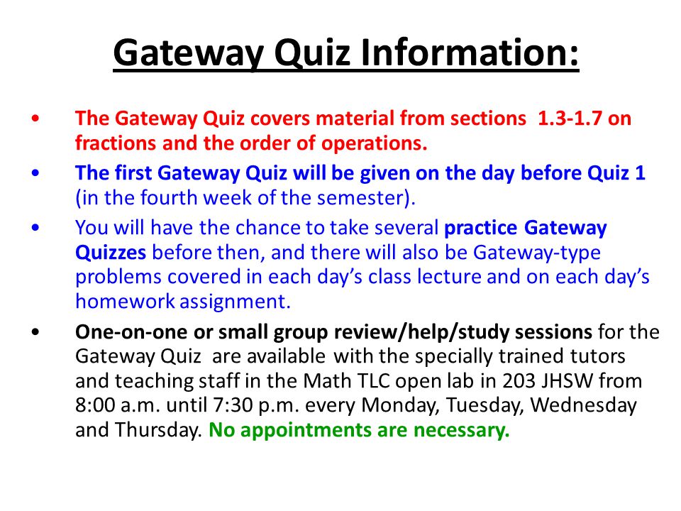 Gateway Quiz Information:
