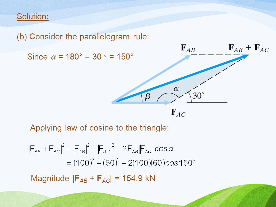 Solution: (b) Consider the parallelogram rule: Since  = 180°  30 ° = 150° Applying law of cosine to the triangle: