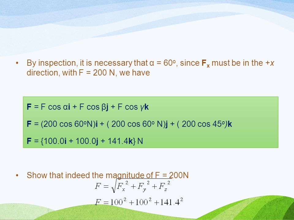 By inspection, it is necessary that α = 60o, since Fx must be in the +x direction, with F = 200 N, we have