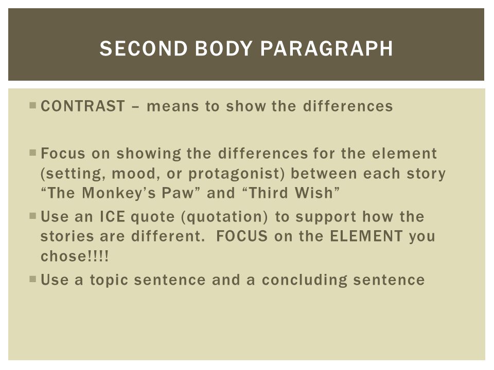 Second Body Paragraph CONTRAST – means to show the differences