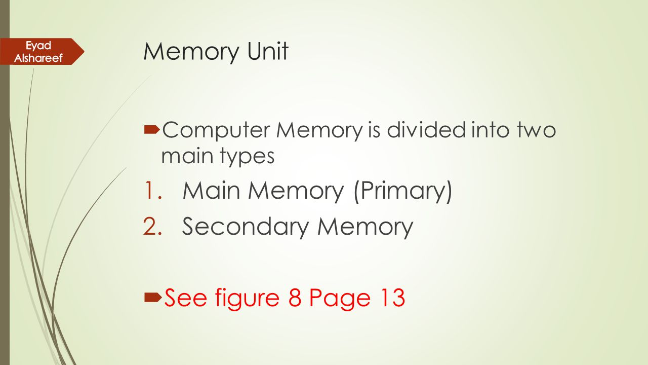 Memory Unit Main Memory (Primary) Secondary Memory