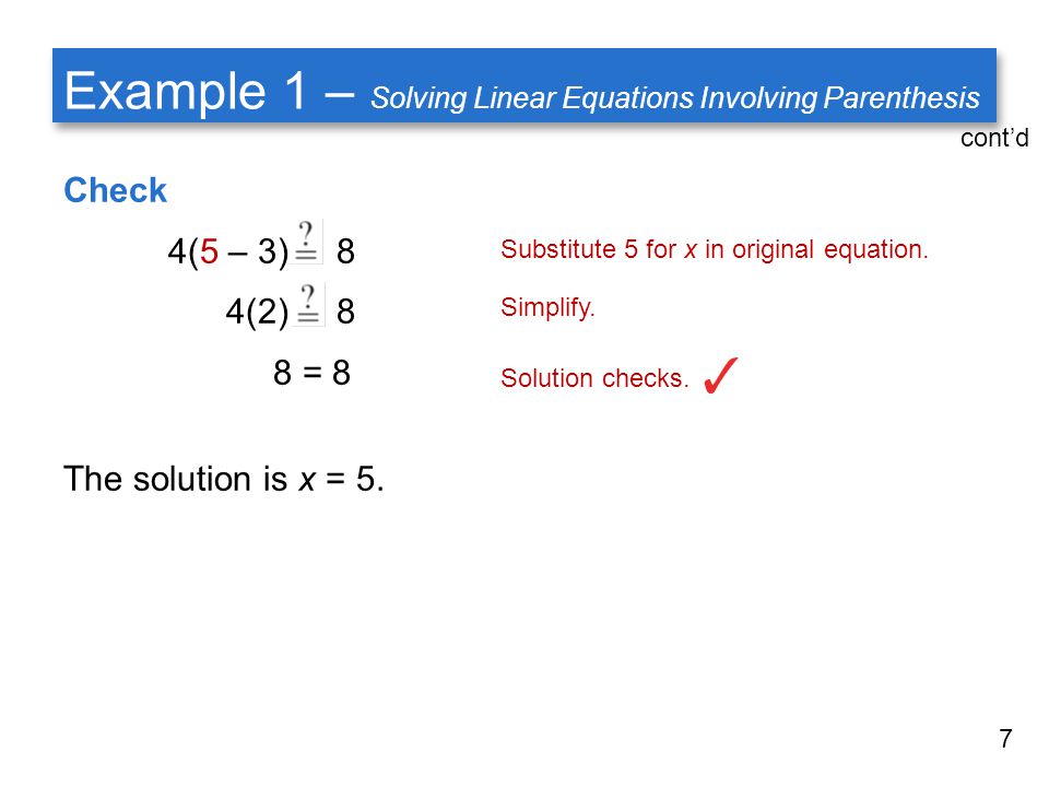 Example 1 – Solving Linear Equations Involving Parenthesis