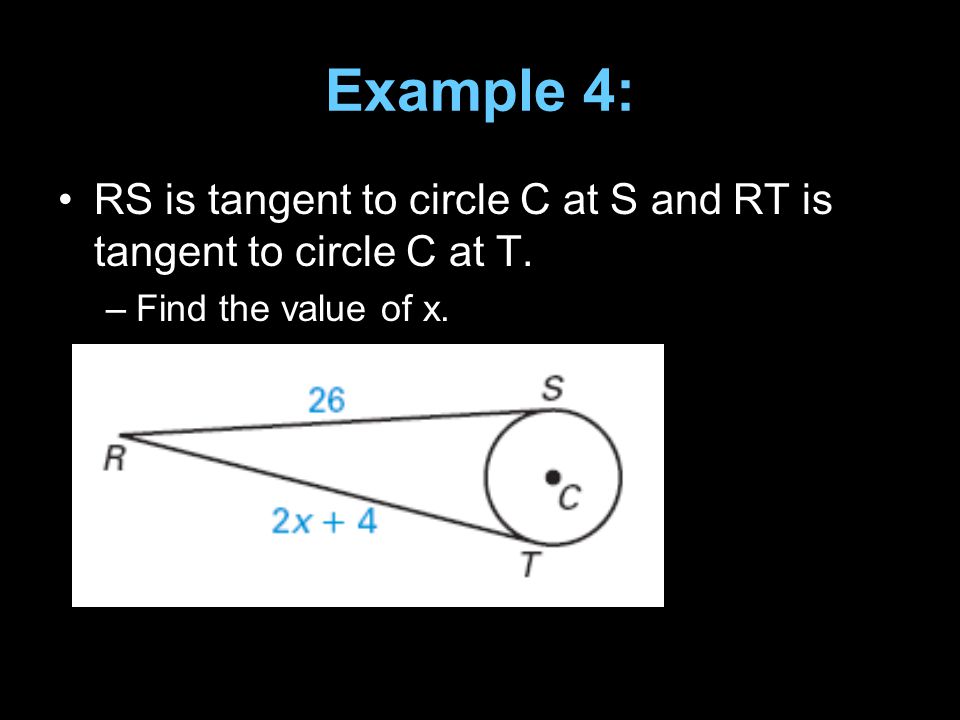 Example 4: RS is tangent to circle C at S and RT is tangent to circle C at T. Find the value of x.