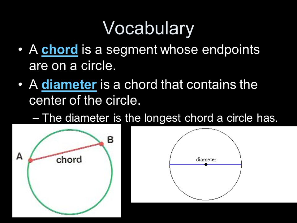 Vocabulary A chord is a segment whose endpoints are on a circle.